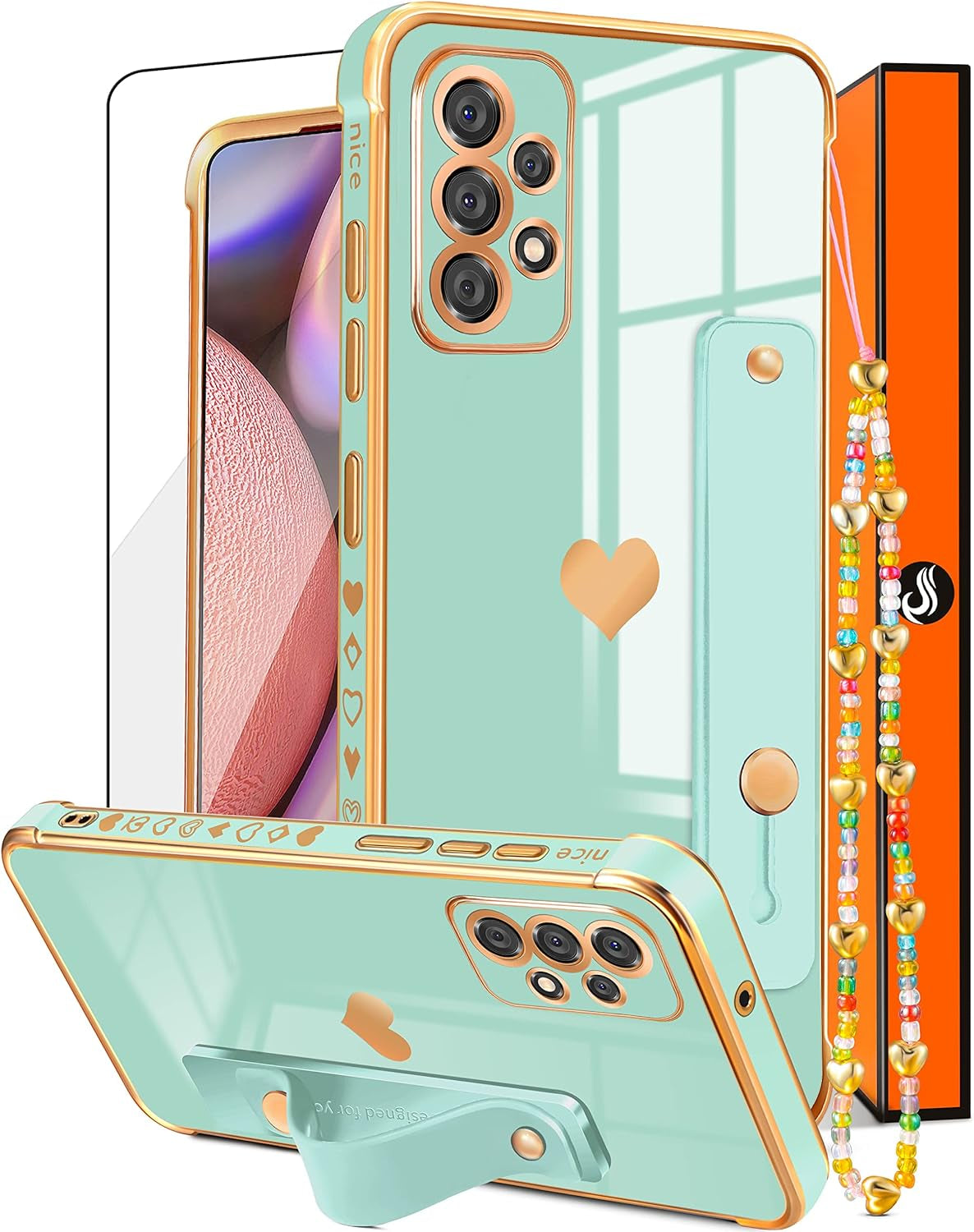 Likiyami (3In1 for Samsung Galaxy A53 5G Case Heart Women Girls Cute Girly Aesthetic Trendy Luxury Pretty with Loop Phone Cases Blue and Gold Plating Love Hearts Cover+Screen+Chain for A53 5G -6.5''  Likiyami Only For Samsung Galaxy A53 5G-Mint Green  
