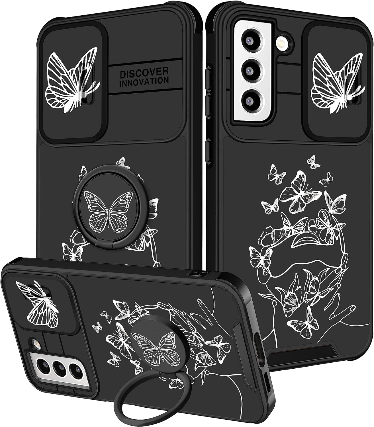 Funermei (2In1 for Samsung Galaxy S21 Case for Women Butterfly Cute Girls Phone Cover Girly Pretty Aesthetic Kawaii Black Butterfly Design with Camera Cover + Ring Stand Funda for Galaxy S21 5G Case  Funermei 1-For S21-White Butterfly  