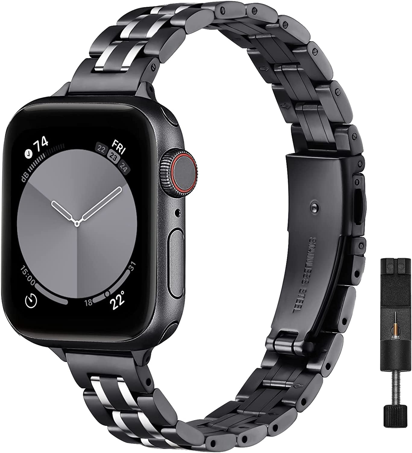 STIROLL Thin Replacement Band Compatible for Apple Watch 38Mm 40Mm 41Mm 42Mm 44Mm 45Mm 49Mm, Stainless Steel Metal Wristband Women Men for Iwatch Ultra SE Series 8/7/6/5/4/3/2/1(Silver+Rose Gold)  STIROLL Black Silver 42mm/44mm/45mm/49mm 