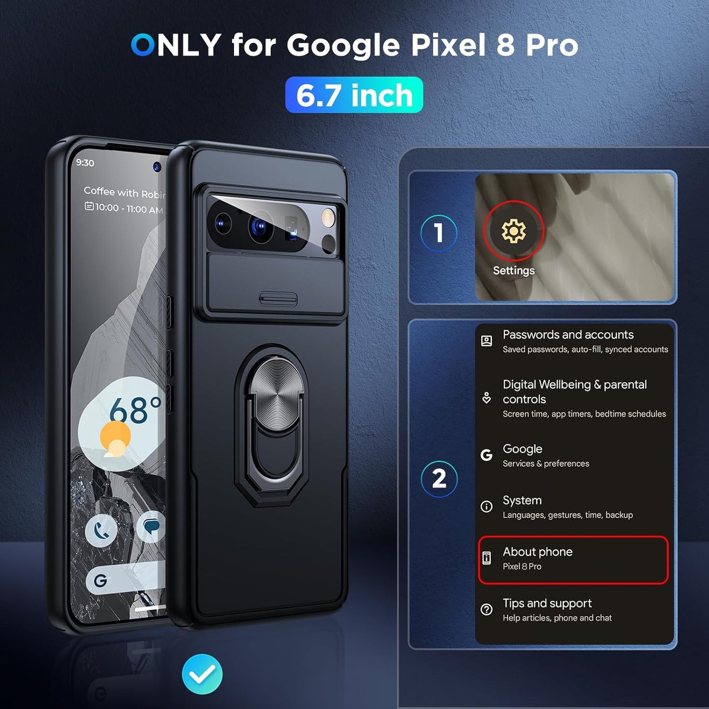 Simtect for Google Pixel 8 Pro Case with Sliding Camera Cover, [Military Drop Protection] [360° Rotation Ring Stand], Slim Protective Case for Google Pixel 8 Pro Phone Case 6.7'' - Black  Simtect   