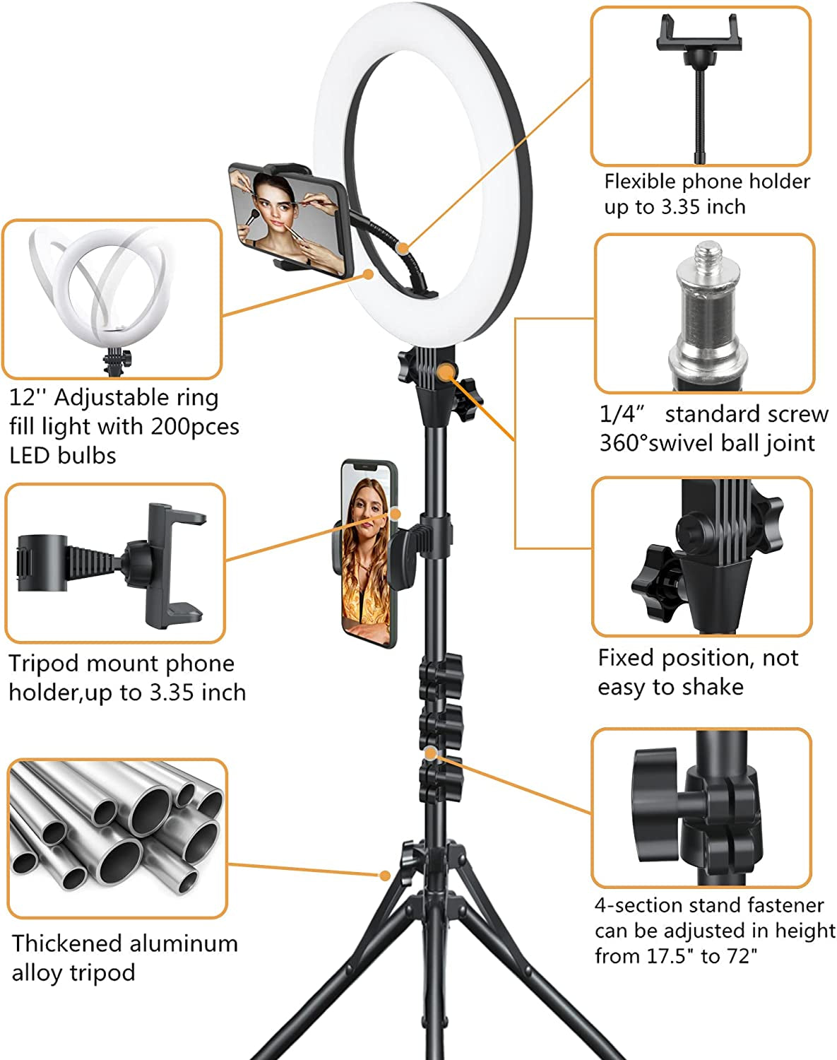12'' Selfie Ring Light with Stand and Phone Holder - Tripod for Iphone with Ring Light, Floor Tall Ring Lights with Tripod for Phone/Camera, Circle Light for Video Recording, Photography, Tiktok, Zoom  Yarrashop   