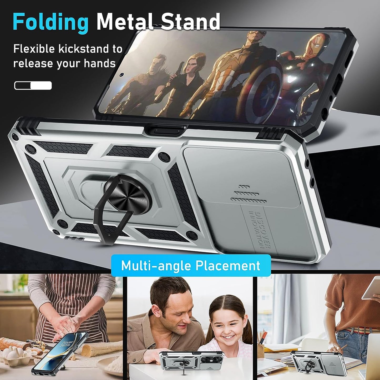 Janmitta Oneplus Nord N30 5G Case Built in Slide Camera Lens Cover+Screen Protector+Finger Ring Holder Kickstand,Heavy Duty Shockproof Full Body Protective Phone Cover,2023 Silver  Janmitta   