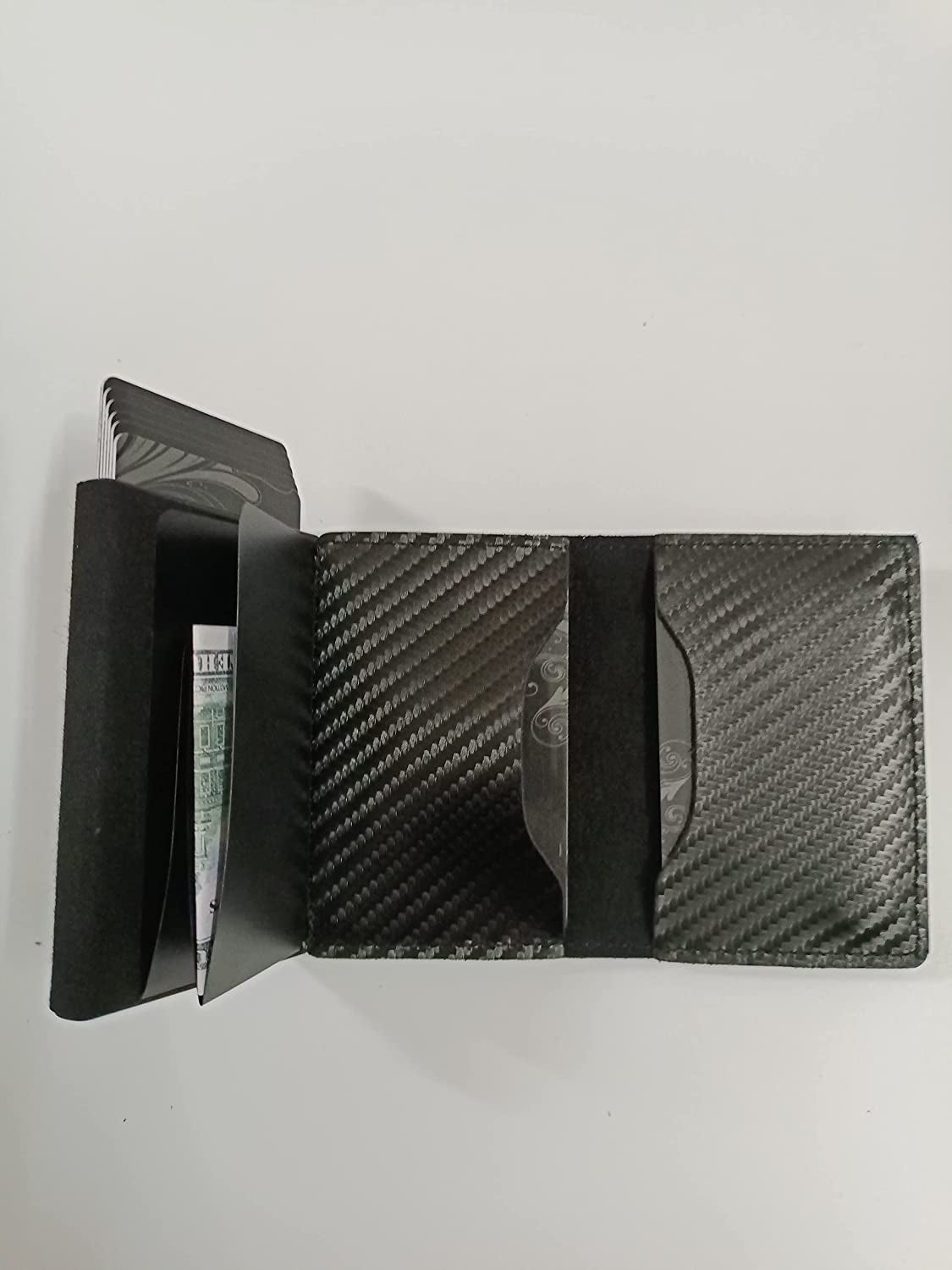 JAT Leather Airtag Men Wallet Genuine Crazy Horse Leather Automatic Pop up Wallet with Airtag Front Pocket (Carbon Fiber)  JAT   