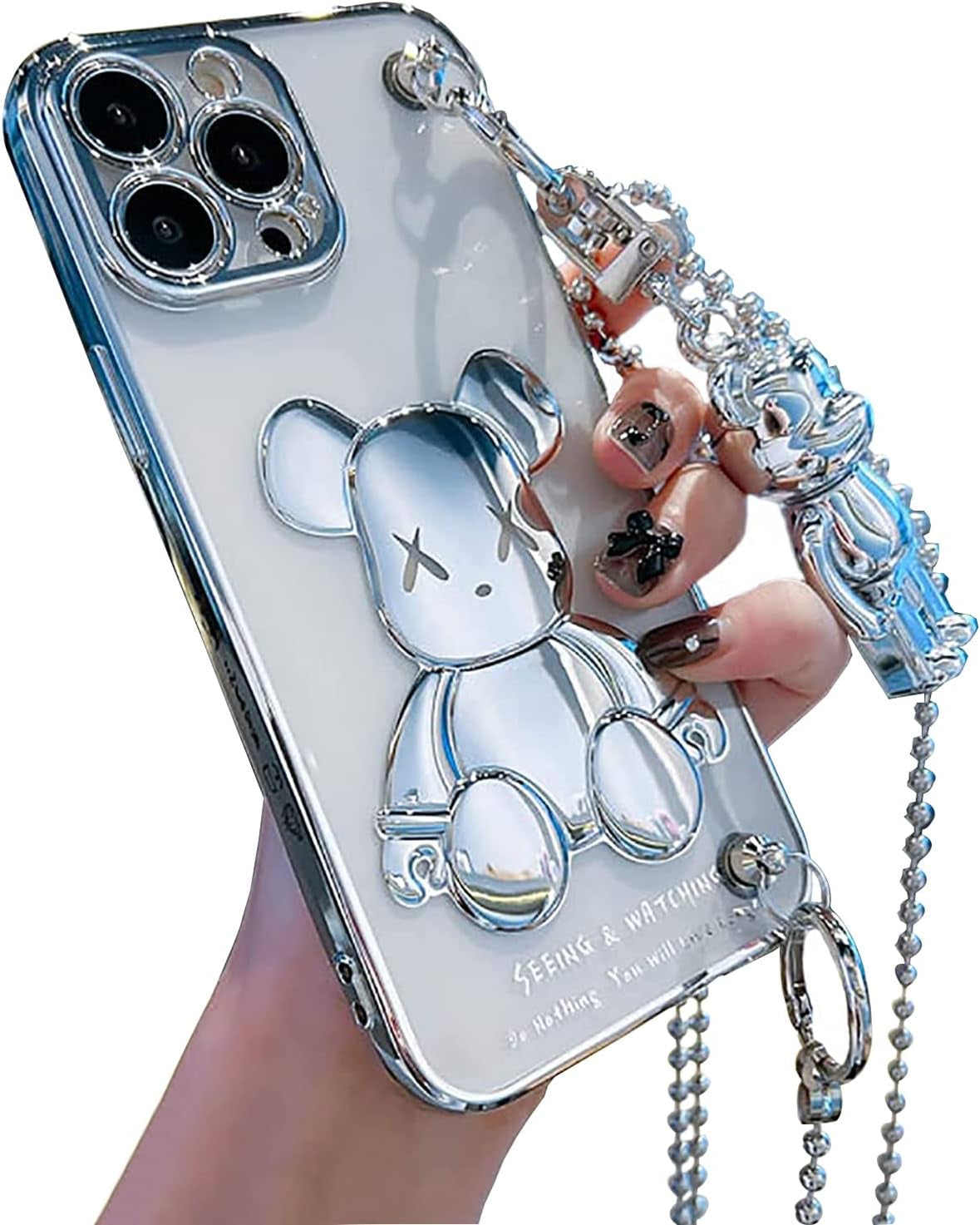 Aartvark Tees Cute Case for Iphone 13, Cartoon Silver Teddy Bear Sparkle Bling Cover with Metal Chain Strap Bell Pendant, Fashion Soft TPU Shockproof, Phone Case Suitable for Women & Girls  aartvark tees Silver Bear For Iphone 12 Pro 6.1" 