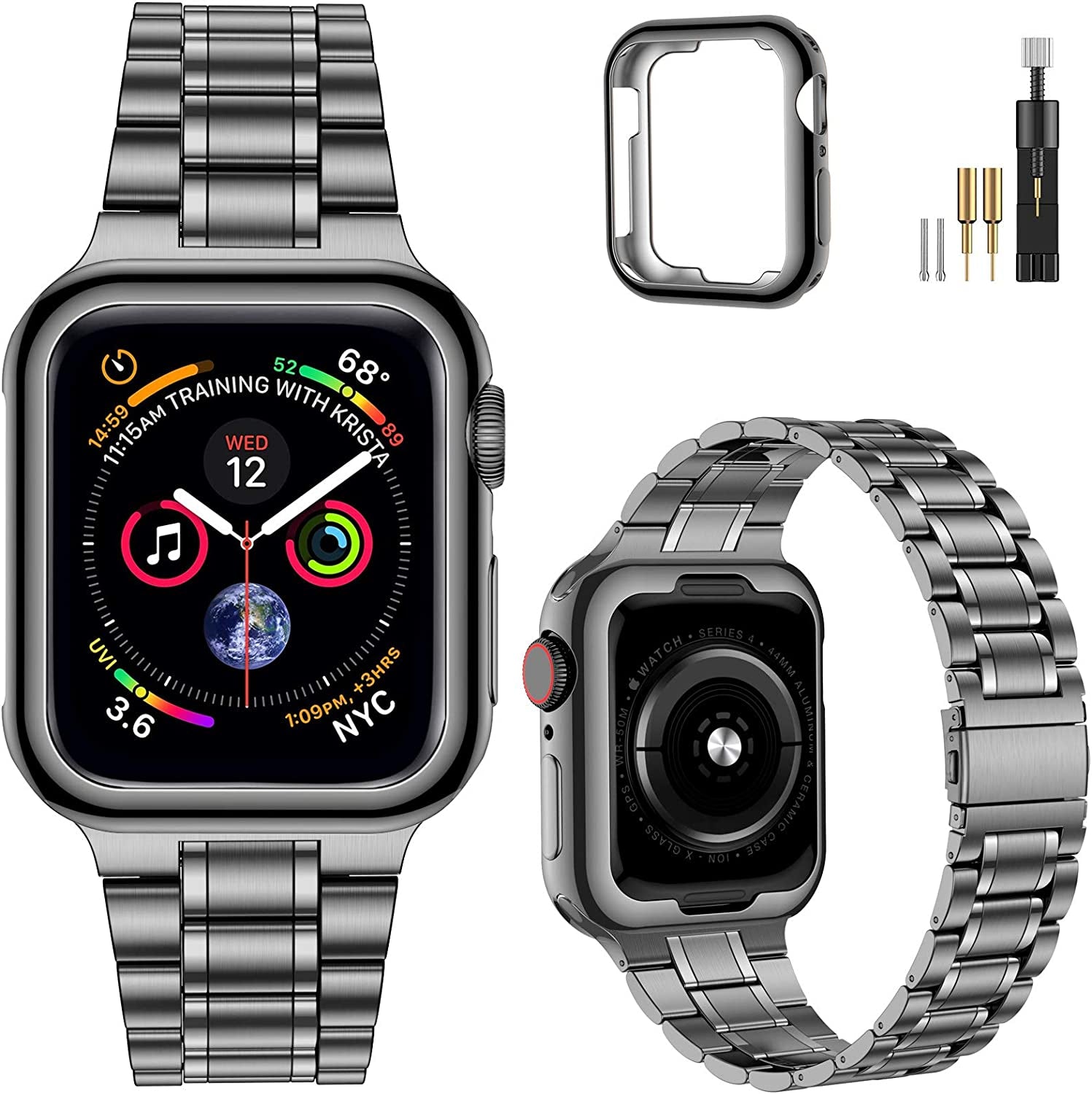 Miohhr Solid Stainless Steel Band Compatible with Apple Watch 49Mm 45Mm 44Mm 42Mm 41Mm 40Mm 38Mm, Metal Strap for Iwatch Series Ultra 8 7 6 5 4 3 2 1 SE Women and Men  MioHHR Space Gray 41 mm(Series 8/7) 