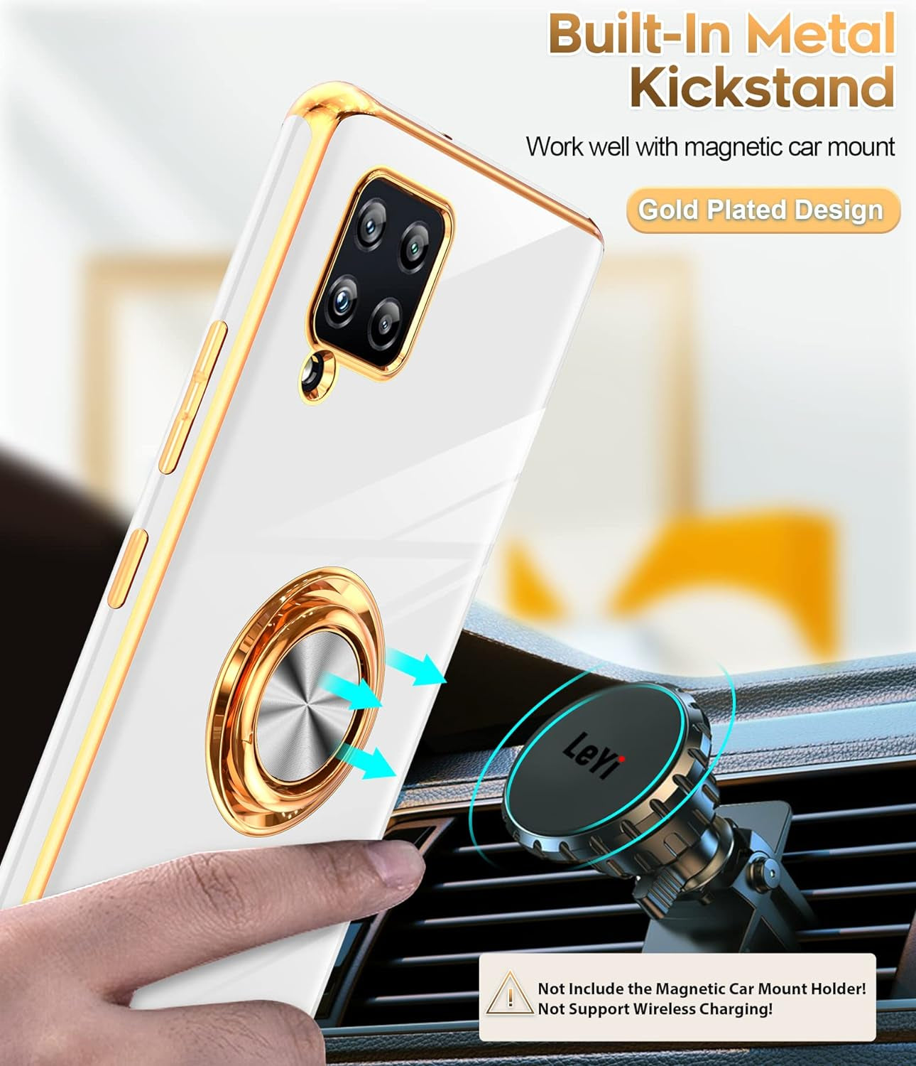Leyi for Samsung Galaxy A42 5G Case with Tempered Glass Screen Protector [2 Pack] 360° Rotatable Ring Holder Magnetic Kickstand, Plating Rose Gold Edge Protective Case, White  LeYi   