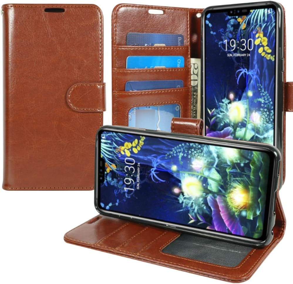 Zase LG G8 Thinq Wallet Case, Design for LG G8 Protective Cover Premium PU Leather Flip Folio TPU Case W/[Wrist Strap] Card Slot Money Pocket [Built-In Kickstand] (Solid Black)  Zase Solid Brown  