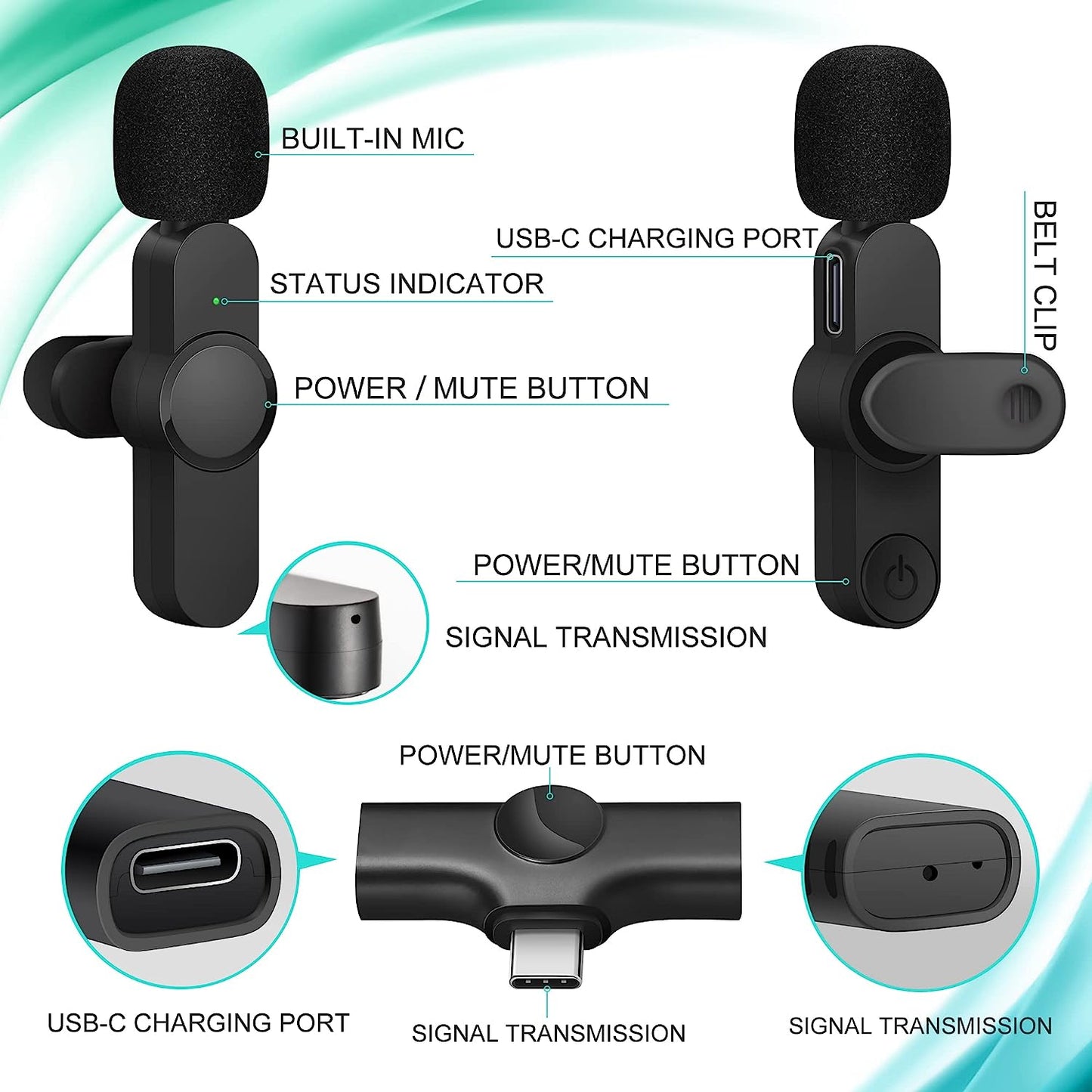 Wireless Lavalier Microphone Clip - Plug & Play Cordless Lapel Mic for Smart Phone, Laptop, Tablet - Active Noise Reduction Technology, Omnidirectional Condenser for Clear Audio Recording - 2-Pack  Generic   