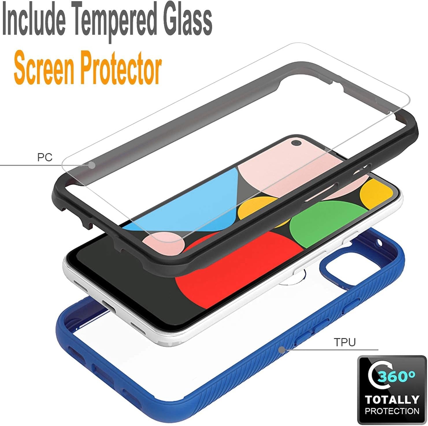 Google Pixel 5 Case, with [Tempered Glass Screen Protector Included], Circlemalls Transparent Back 12 Feet Shockproof Durable Armor Rugged Protective Phone Cover - Blue  Circlemalls   