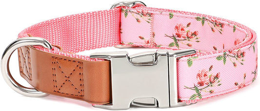 WHIPPY Girl Floral Dog Collar Cute Pink Flower Print Puppy Collar Adjustable Heavy Duty Nylon Collar with Metal Buckle Soft Comfortable Collar for Small Medium Large Dog Pet,M,Flower Pink  WHIPPY   