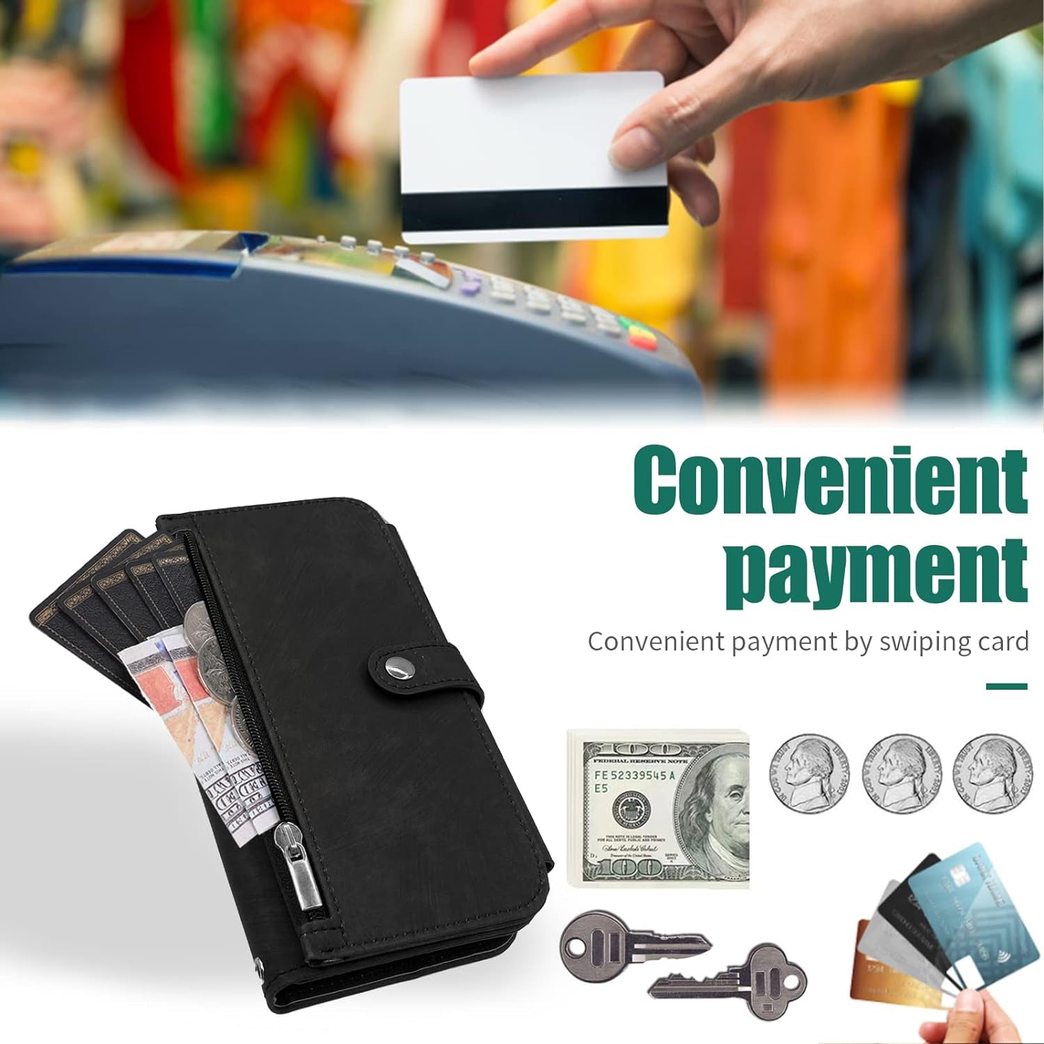 Compatible with LG V40 Thinq Wallet Case Flip Credit Card Holder Cell Phone Cover for Folio Purse Lanyard Wrist Strap Rugged Slot Mobile LGV40 Storm V 40 Thin Q V40Thinq LG40 40V 40Thinq Women Black  Furiet   