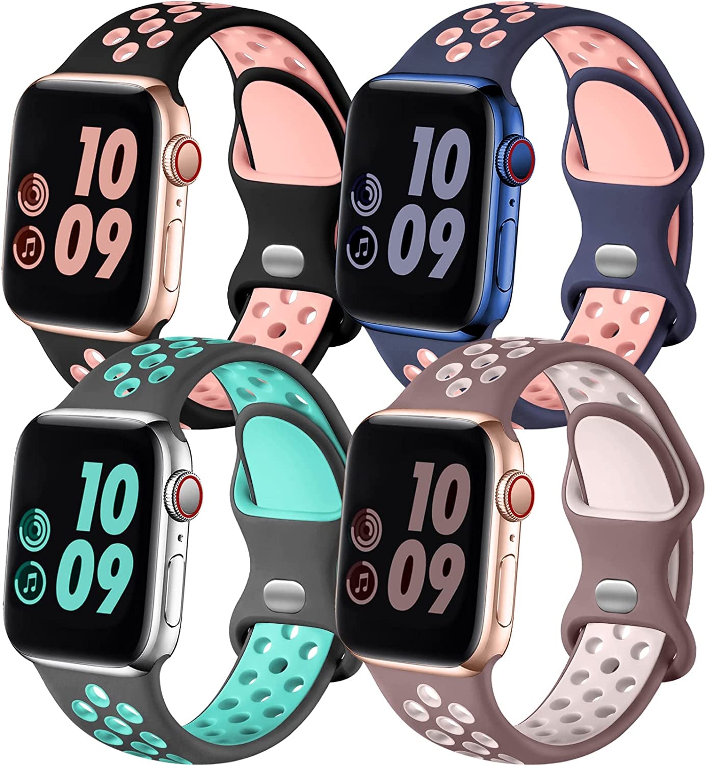 Adorve 4 Pack Sport Bands for Apple Watch 49Mm 41Mm 40Mm 38Mm 45Mm 44Mm 42Mm for Women Men, Durable Breathable Soft Silicone Replacement Wrist Strap for Iwatch Ultra SE Series 8 7 6 5 4 3 2 1, S/M M/L  Adorve BlackPink/BluePink/GreyTeal/SmokePurple 38mm/40mm/41mm M/L 