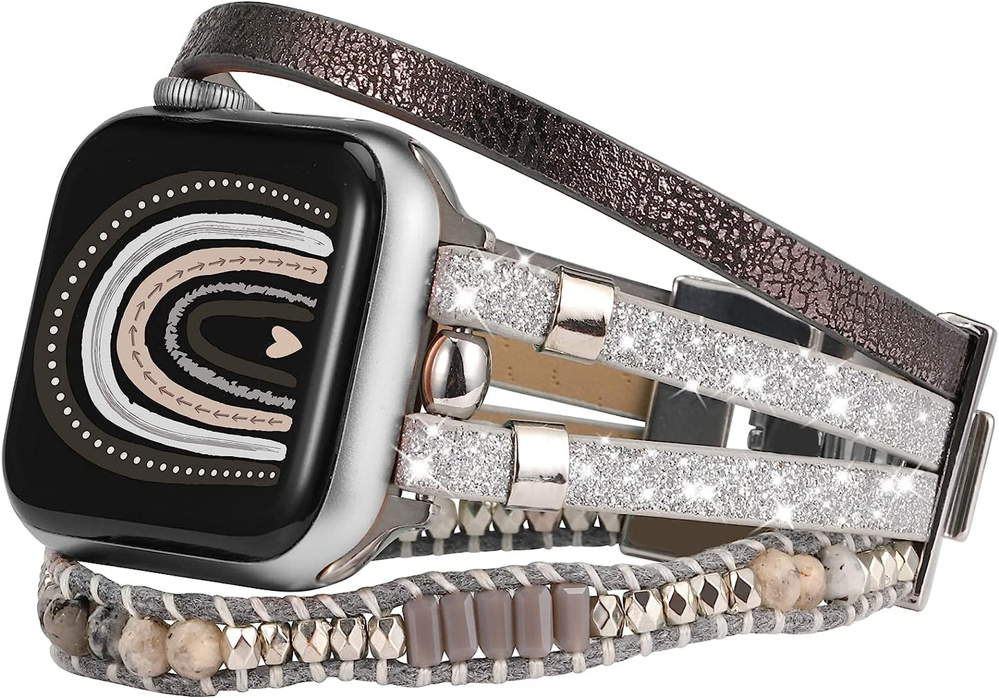 TOYOUTHS Compatible with Apple Watch Band Bracelet Multi-Strand Leather Sparkle Braided Wrap with Beaded Boho Bling Jewelry Dressy 41Mm 40Mm 38Mm Band for Iwatch Series SE 8 7 6 5 4 3 2 1  toyouths Silver 49/45/44/42mm 