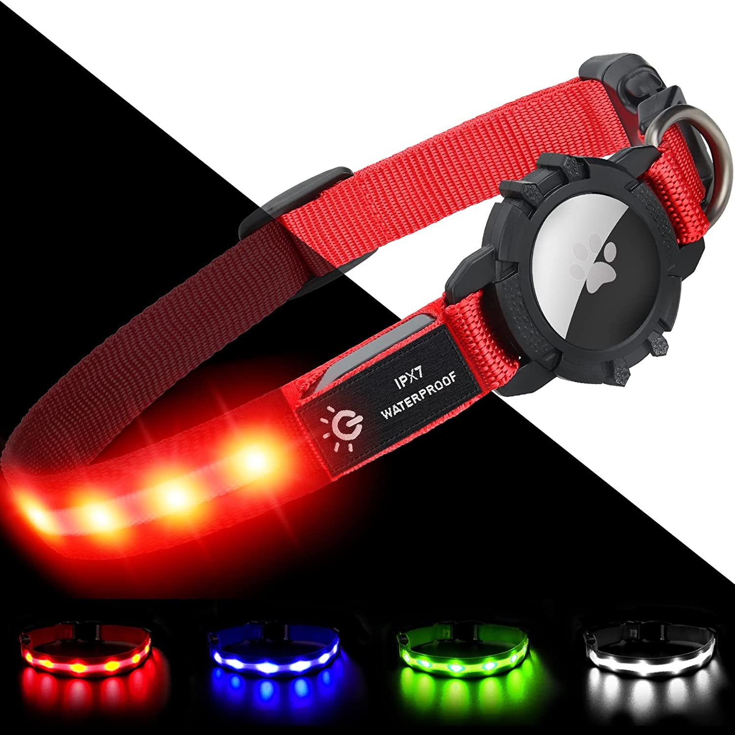 Joytale LED Airtag Dog Collar[100% IPX7 Waterproof], Light up Night Safety Pet Collars for Air Tag, USB C Rechargeable Lighted Glow Nylon Collar with Airtag Holder Case for Large Dogs, Red  Joytale Red Small (11"- 16") 