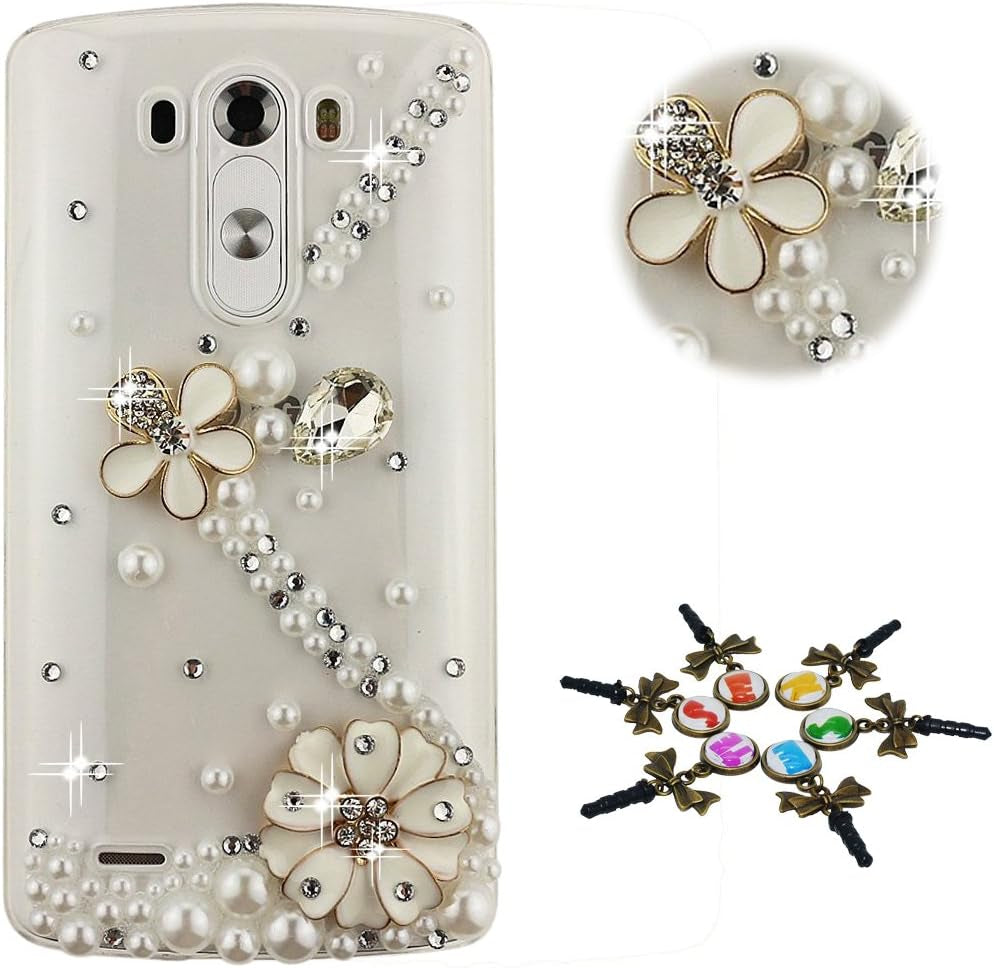 STENES LG G7 Case, LG G7 Thinq Case - STYLISH - 100+ Bling Crystal - 3D Handmade Bling Camellia Flowers Design Protective Cover Case for LG G7 Thinq - White  STENES S Link Flowers / White  