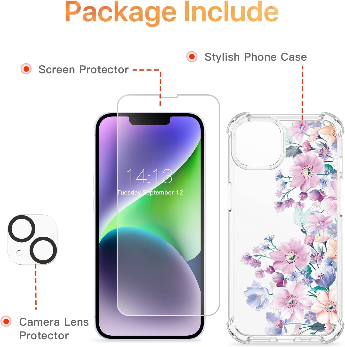 GVIEWIN Compatible with Iphone 14 Case with Screen Protector + Camera Lens Protector, Soft Shockproof Clear Floral Phone Protective Cover for Women,Flower Pattern Design 6.1"(Anemone Blooms/Pink)  GVIEWIN   
