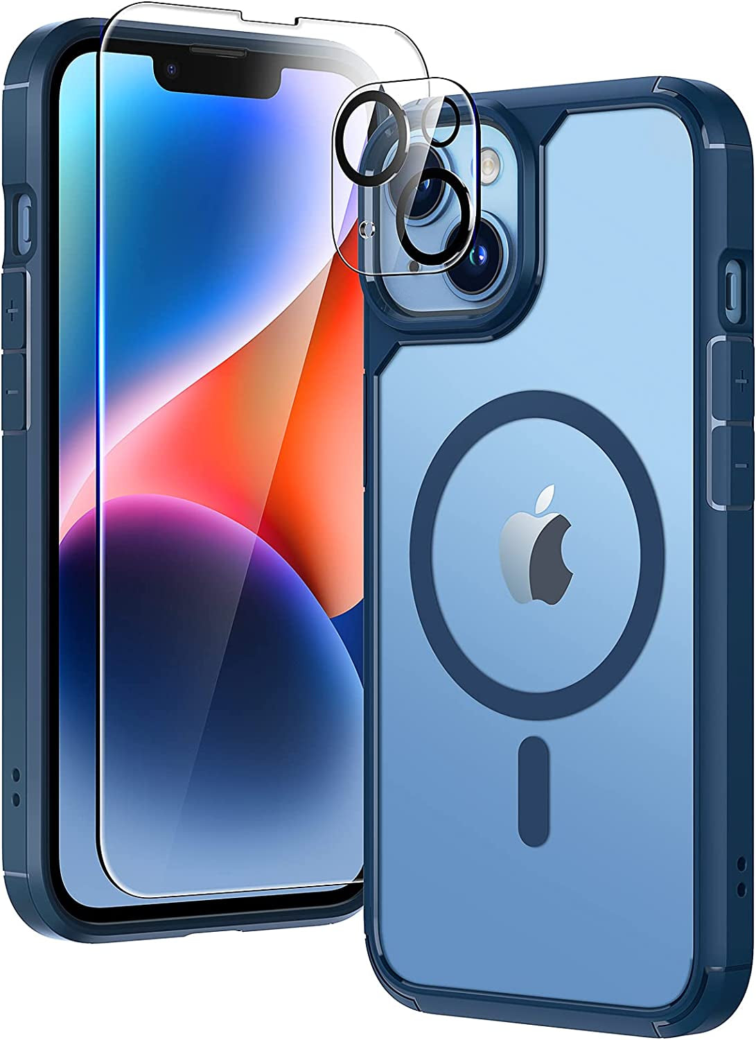 TAURI 5-In-1 Magnetic Designed for Iphone 14 Case for Iphone 13 Case, [Compatible with Magsafe] with 2 Screen Protector +2 Camera Lens Protector, Shockproof Phone Case for Iphone 13/14, Black  TAURI Blue  