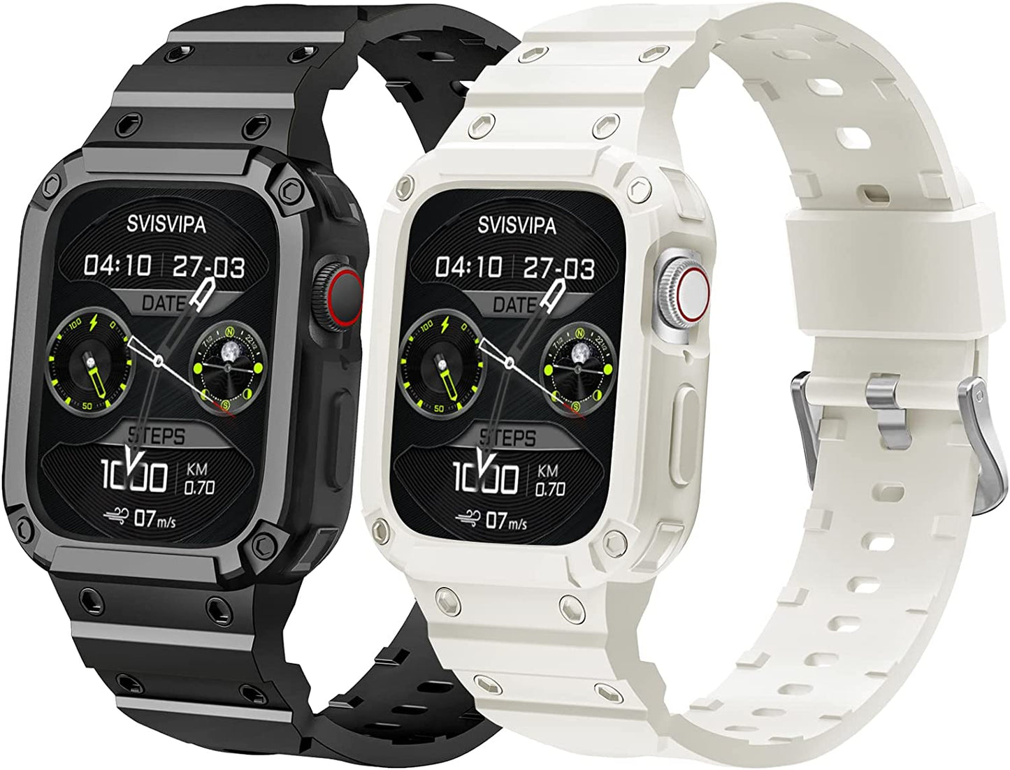 [2 Pack] SVISVIPA Band with Case Compatible for Apple Watch 45Mm 44Mm 42Mm Iwatch Series 8 7 SE 6 5 4 3 2 1 Strap, Men Women Sport Strap with Bumper Rugged Shockproof Military Protective, 2 Pack (Black，Army Green）  SVISVIPA Black/Starlight 38mm/40mm/41mm 