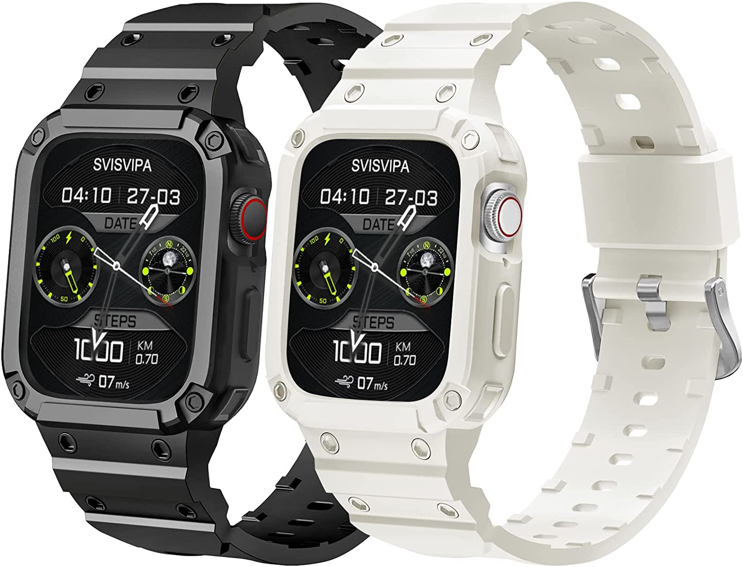 [2 Pack] SVISVIPA Band with Case Compatible for Apple Watch 45Mm 44Mm 42Mm Iwatch Series 8 7 SE 6 5 4 3 2 1 Strap, Men Women Sport Strap with Bumper Rugged Shockproof Military Protective, 2 Pack (Black，Army Green）  SVISVIPA Black/Starlight 38mm/40mm/41mm 