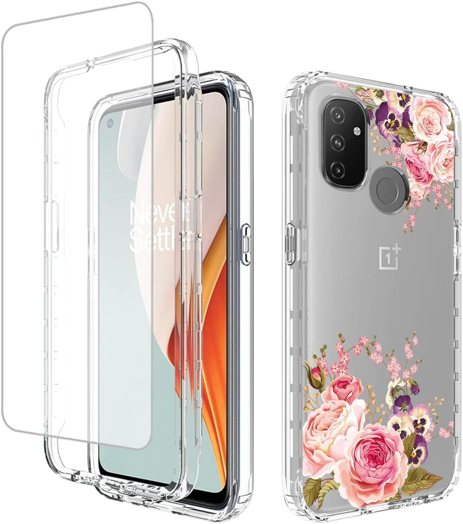 Vavies Case for Oneplus Nord N100 BE2013 Case with Tempered Glass Screen Protector, Full Body Clear Flexible with Floral Design Protection Phone Cover Cases for Oneplus Nord N100 (Rose Flower)  Vavies   