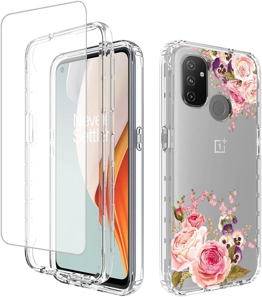 Vavies Case for Oneplus Nord N100 BE2013 Case with Tempered Glass Screen Protector, Full Body Clear Flexible with Floral Design Protection Phone Cover Cases for Oneplus Nord N100 (Rose Flower)  Vavies   