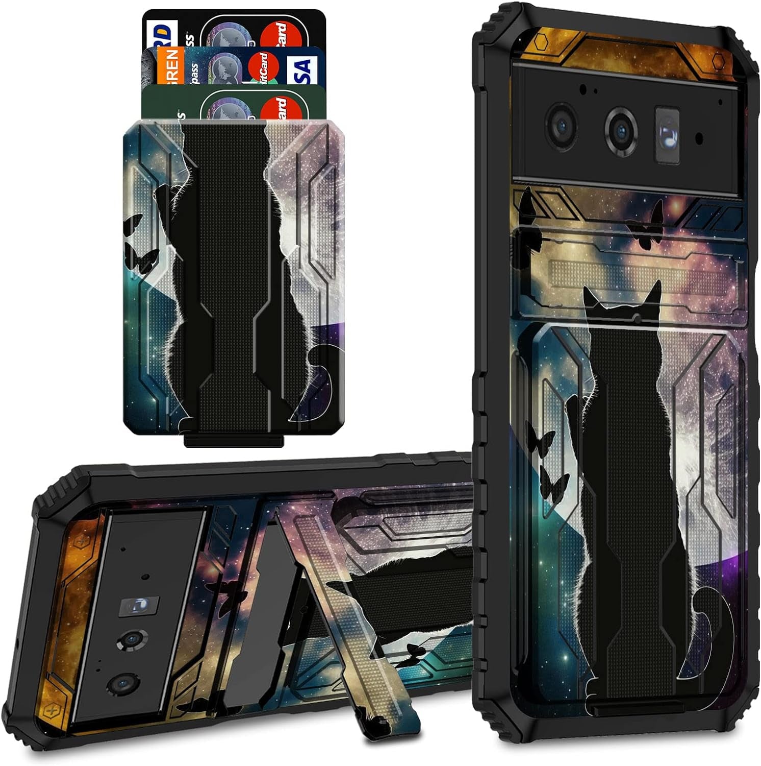 CGFGHHUY for Google Pixel 6 Pro Case for Pixel 6 Pro Wallet Case with Credit Card Holder & Kickstand Dual Layer Hard PC Soft TPU Protective Case for Google Pixel 6 Pro 6.7 Inch 2021 - Moth Moon Sun  CGFGHHUY Cute Cat And Butterfly Moon For Pixel 6 Pro 6.7 Inch 