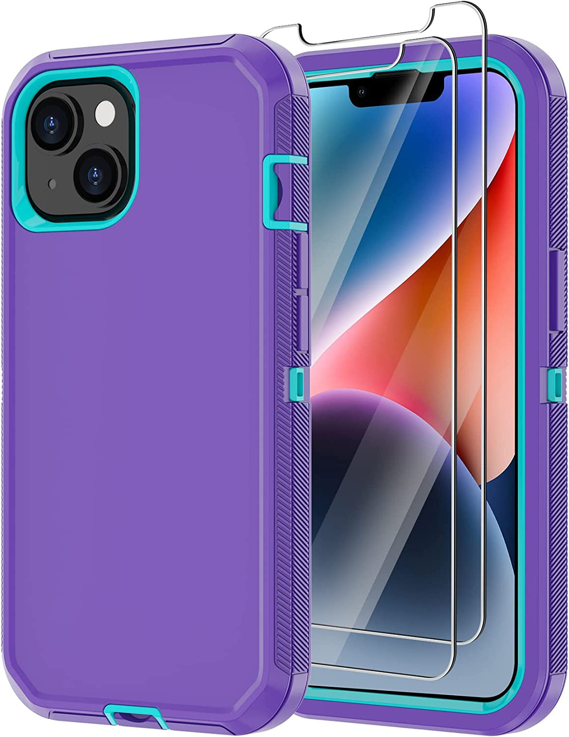 Annymall for Iphone 14 plus Case with 2 Screen Protector, Heavy Duty Drop Protection Shockproof Rugged 3-Layer Military Tough Durable Protective Cover for Apple Iphone 14 plus 6.7" (Black)  Annymall Purple/Blue  