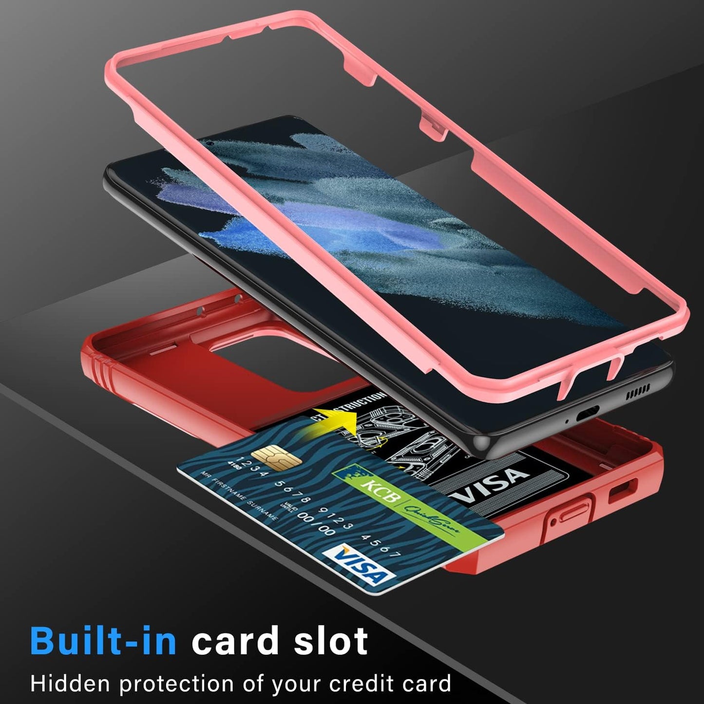 PASNEW for Samsung Galaxy S21 Ultra Case,Finger Ring Kickstand & Camera Cover Slide & Charge Port Dust Plug,Military Heavy Duty Full Body Shockproof Protective Hard Shell S21Ultra,6.8 Inch,Pink  PASNEW   