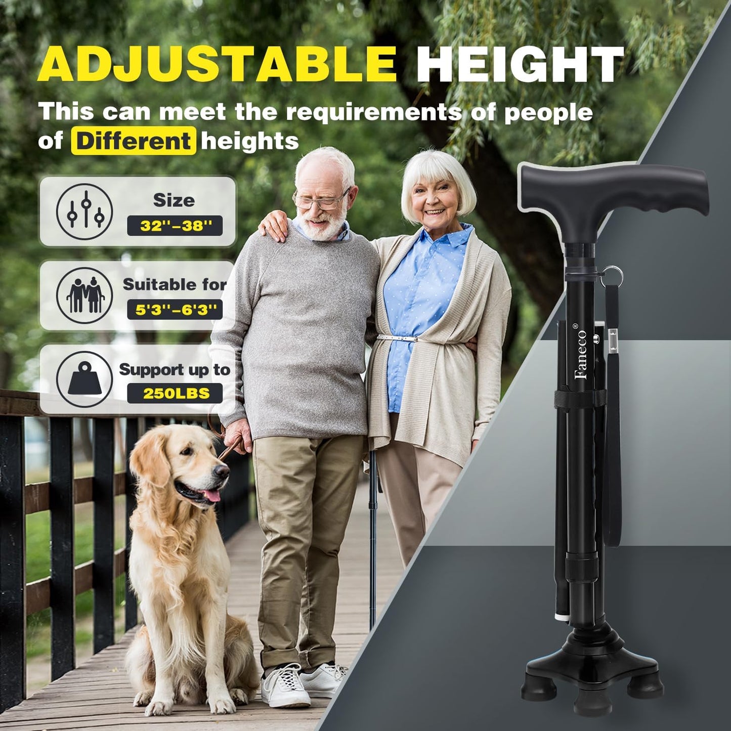 FANECO Walking Cane, Folding Walking Stick for Seniors, Pivoting Quad Base, Lightweight Adjustable Walking Stick for Men/Women  NINGBOSHI GUOSHENG XINXI KEJI YOUXIANGONGSI   