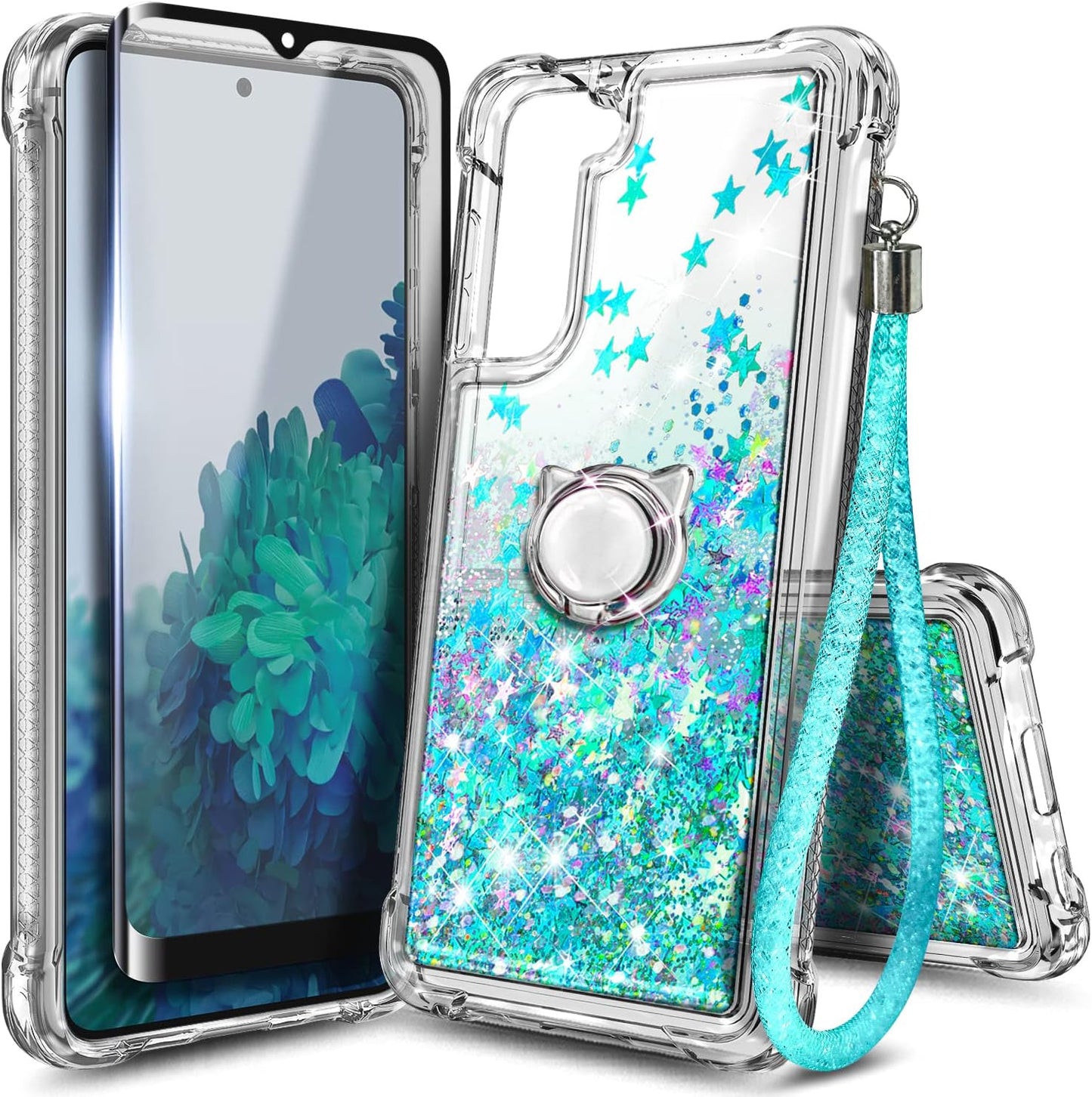 NGB Case for Samsung Galaxy S21 plus with Screen Protector (Maximum Coverage, Flexible TPU Film), Ring Holder, Girls Women Liquid Bling Sparkle Fashion Glitter Clear Cute Case (Pink/Aqua)  NGB Mint  