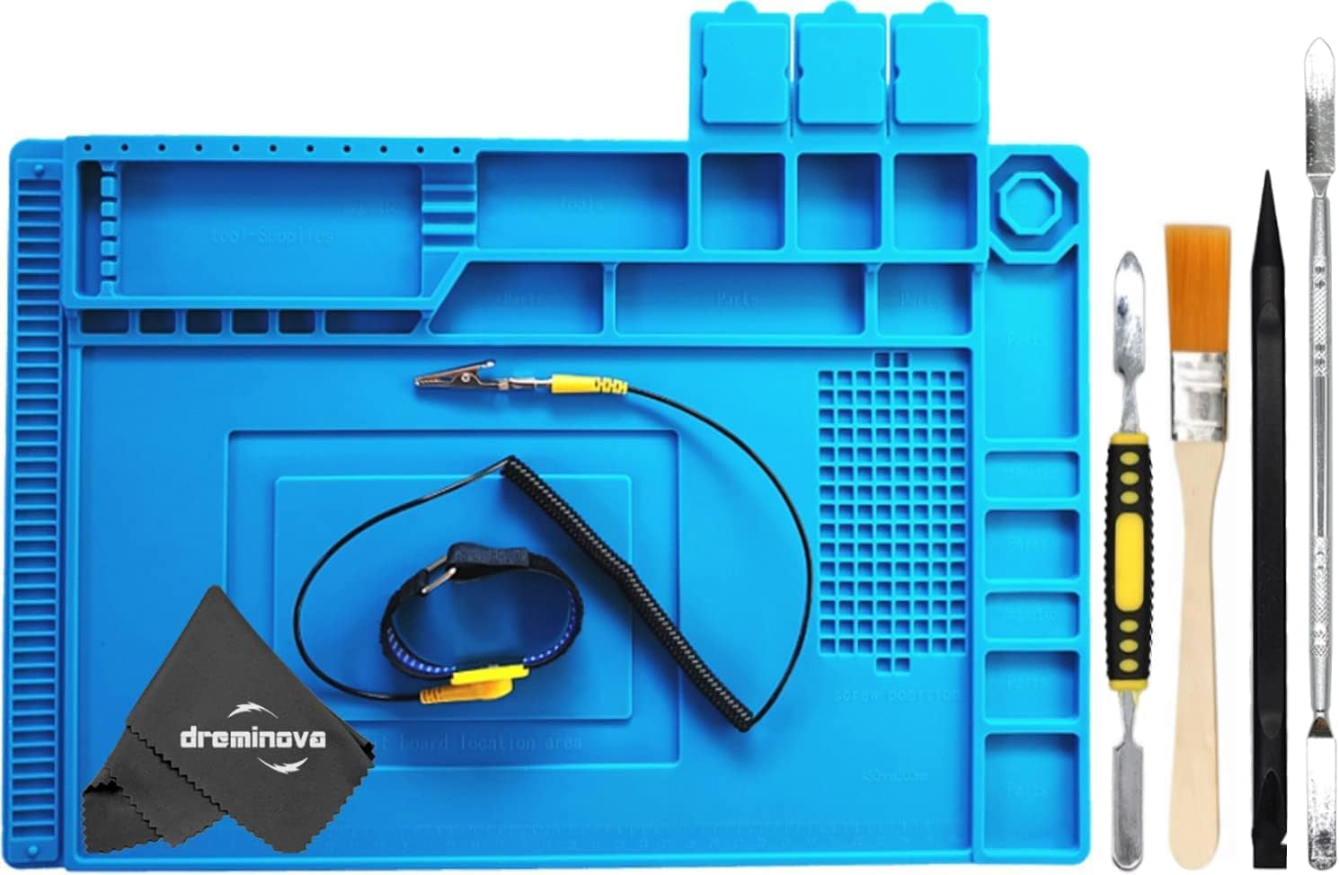 Opening Pry Tool Repair Kit with Anti-Static Wrist Strap ESD Safe Insulation Silicone Soldering Mat Heat Resistant Magnetic Work Pad, Bars, Spudgers, for Laptop Computer Electronics by DREMINOVA  DREMINOVA Mat 45x30cm  
