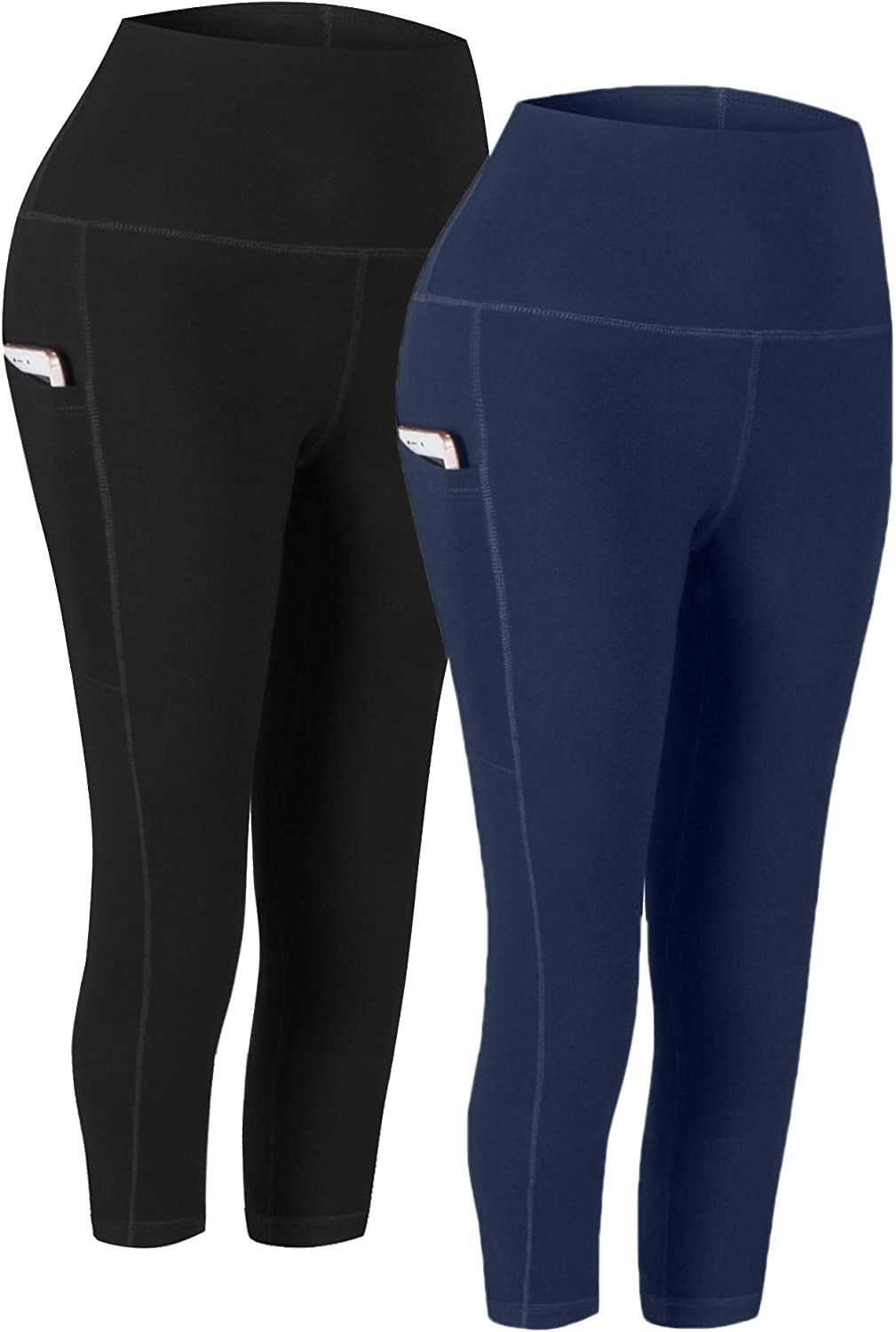 Fengbay 2 Pack High Waist Yoga Pants, Pocket Yoga Pants Tummy Control Workout Running 4 Way Stretch Yoga Leggings  Fengbay Capris Black & Navy Small 