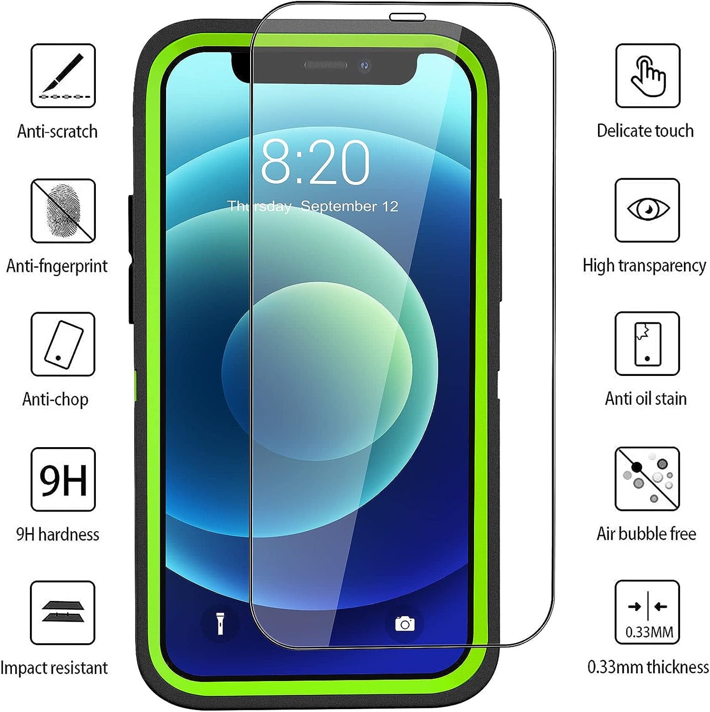 DHCALL for Iphone 12 Case & Iphone 12 Pro Case (6.1"), with 2 Tempered Glass Screen Protector,Belt Clip Holster, [Full Body Drop Protection] Shockproof Tough Durable 6.1 Inch（Black Green+Clip）  DHCALL   