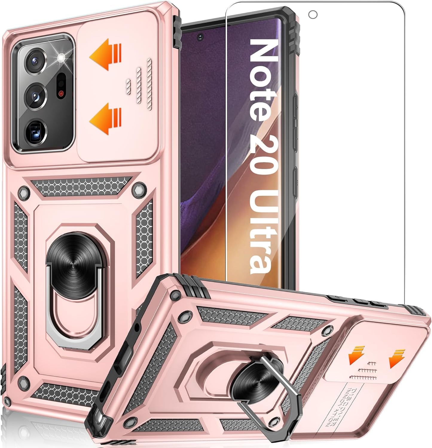 ATUMP for Samsung Galaxy Note 20 Ultra Case with HD Screen Protector, Build in 360° Rotating Ring Kickstand [Military Grade] Protective Case for Galaxy Note 20 Ultra, Black  Atump Rose Gold  