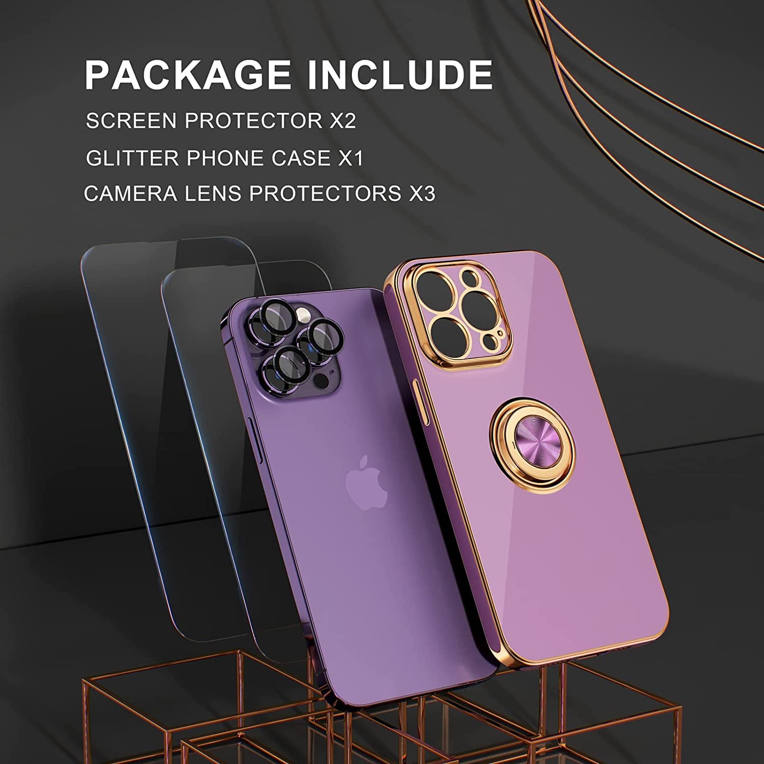 Choiche for Iphone 14 Pro Max Case with 360° Rotatable Ring Stand, Women Luxury Bling Plating Soft Silicone Case, [3 X Camera Lens Protectors] [2 X Tempered Glass Screen Protectors] (Lavender)  Choiche   