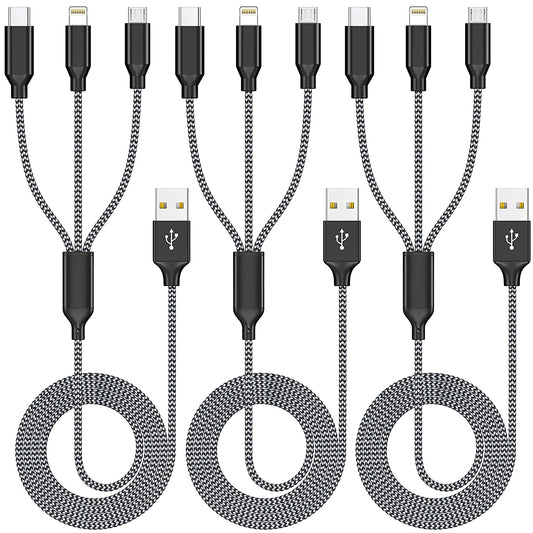 Multiple Charger Cable, 3Pack 4FT Rapid USB Charging 3 in 1 Multi Phone Cord with Type C/Micro/Lightning USB Connectors for Cell Phones and More(Grey Black)  Xnewcable   