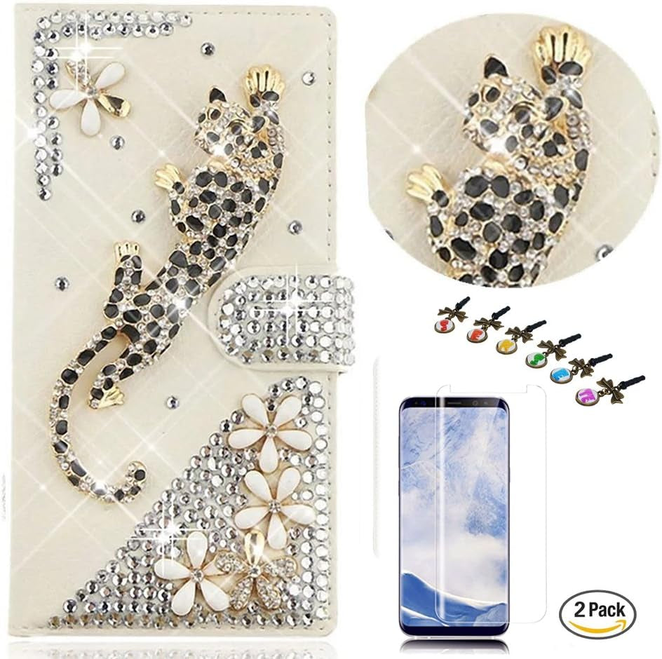 STENES LG V30 Case - STYLISH - 3D Handmade Crystal Leopard Flowers Design Wallet Credit Card Slots Fold Media Stand Leather Cover for LG V30 / LG V30 plus with Screen Protector - Gold  STENES   