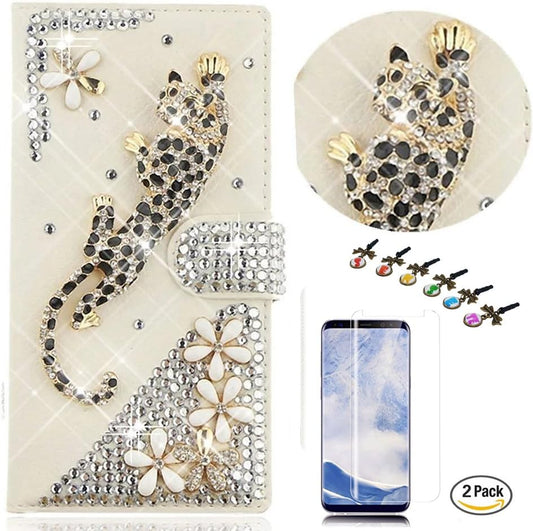 STENES LG V30 Case - STYLISH - 3D Handmade Crystal Leopard Flowers Design Wallet Credit Card Slots Fold Media Stand Leather Cover for LG V30 / LG V30 plus with Screen Protector - Gold  STENES   