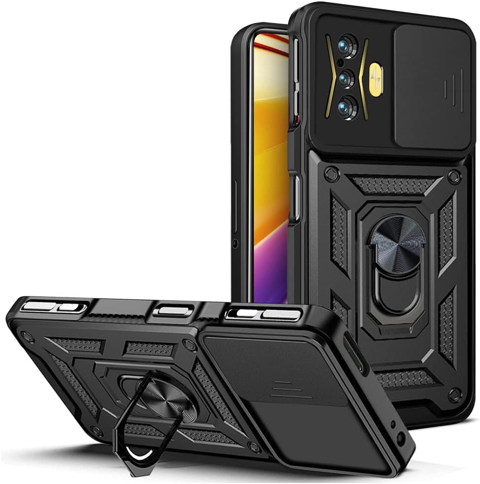 Ysnzaq Military Grade Heavy Duty Shockproof Phone Case for Xiaomi Redmi K50 Gaming/Poco F4 GT, Sliding Window Lens Protection with Magnetic Car Bracket Phone Cover for Xiaomi Poco F4 GT SJ Gold  Ysnzaq Black  