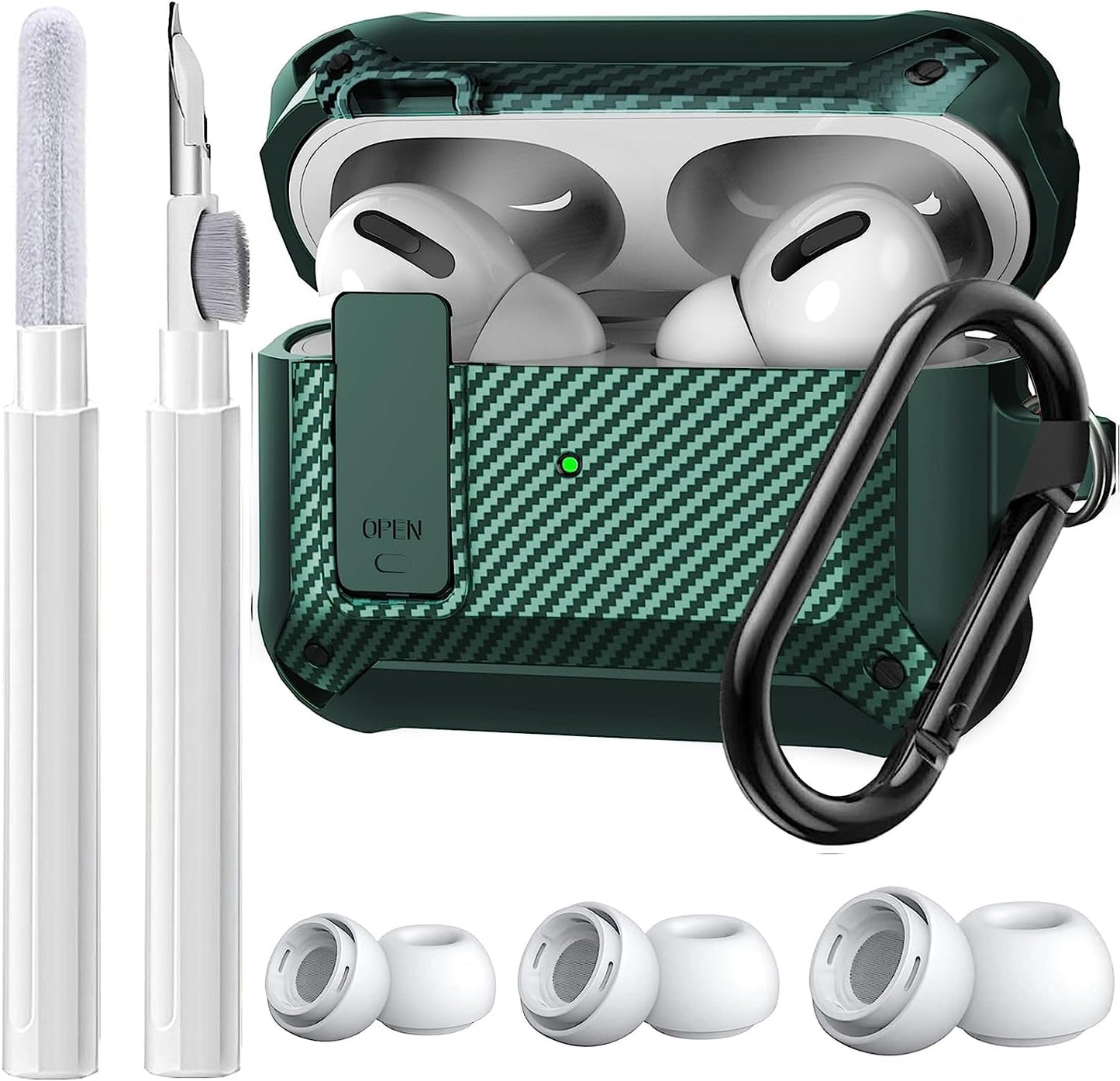 [4 in 1] Airpods Pro 2 Gen/Pro Case Lock with Cleaner Kit&Replacement Ear Tips(S/M/L), Olytop Rugged Airpod Pro 2Nd/1St Generation Protective Cover for Ipod Pro 2019/2022 with Keychain, Black/Red  Olytop Army Green  