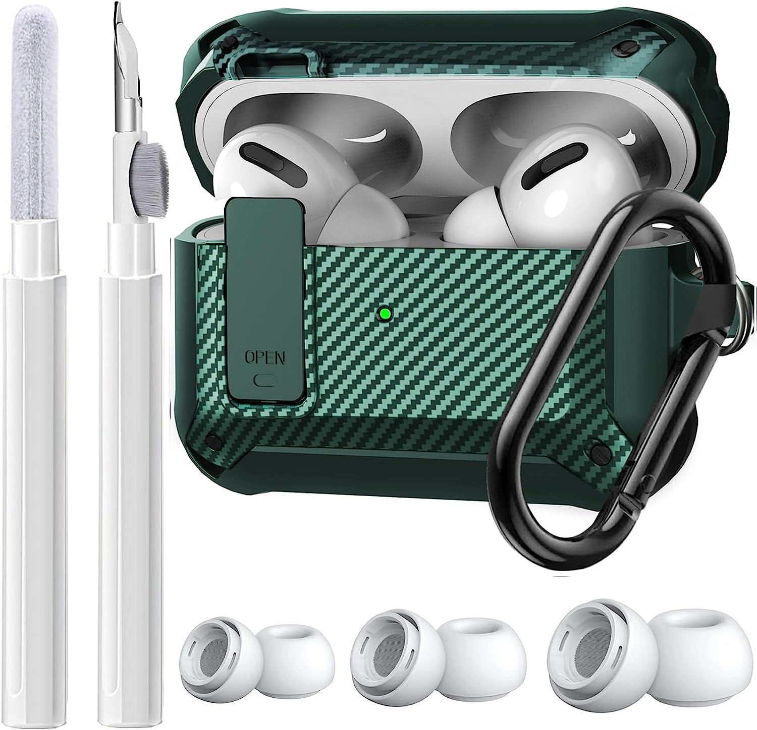 [4 in 1] Airpods Pro 2 Gen/Pro Case Lock with Cleaner Kit&Replacement Ear Tips(S/M/L), Olytop Rugged Airpod Pro 2Nd/1St Generation Protective Cover for Ipod Pro 2019/2022 with Keychain, Black/Red  Olytop Army Green  