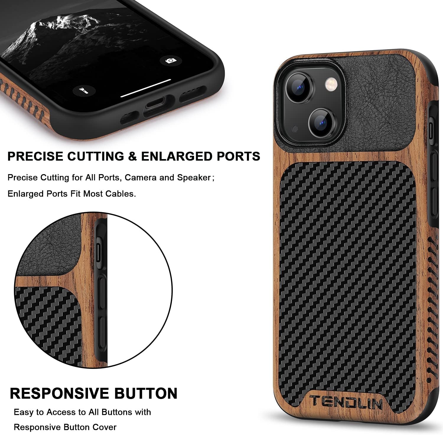 TENDLIN Compatible with Iphone 14 Case Wood Grain with Carbon Fiber Texture Design Leather Hybrid Slim Case Black  TENDLIN   