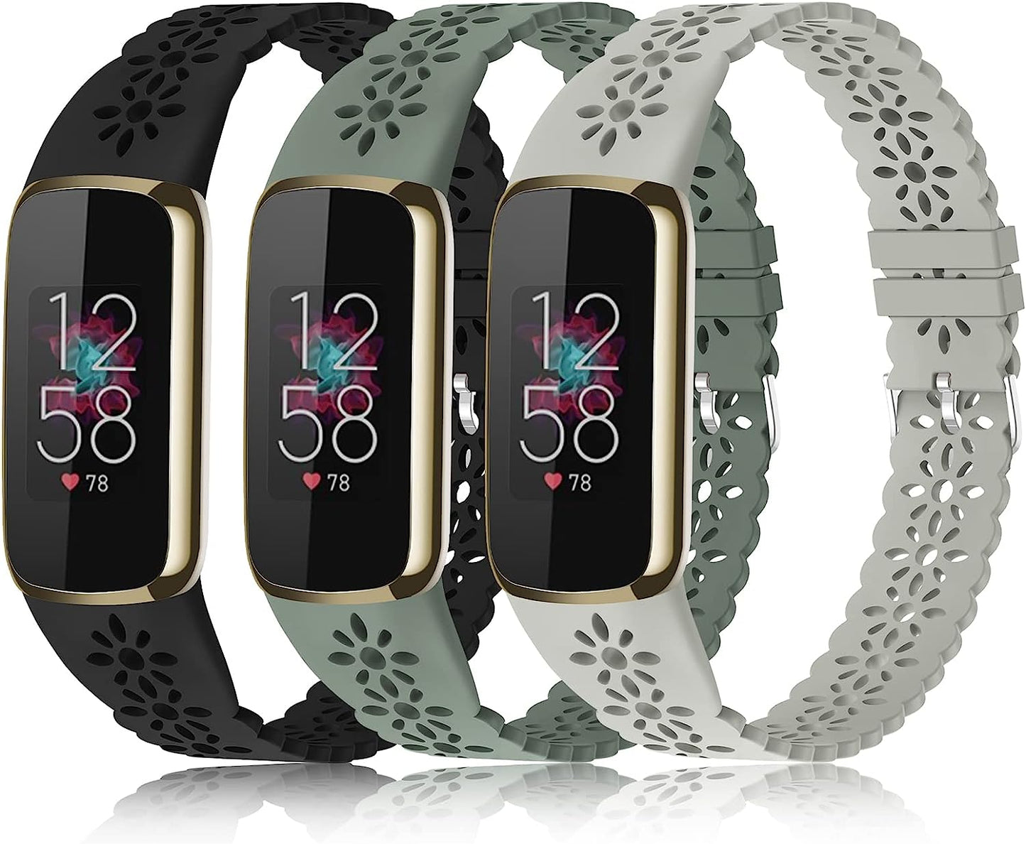 3 Pack Slim Sport Bands Compatible with Fitbit Luxe Band for Women, Soft Silicone Lace Thin Hollow-Out Replacement Wristbands Breathable Bands for Fitbit Luxe Fitness Smart Watch  Wewatri D-Black/Stone Gray/Green Suits for 5.6"-7.1" Wrists 