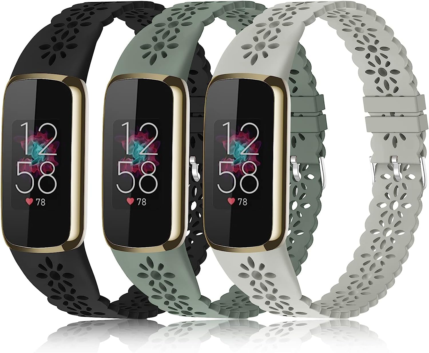 3 Pack Slim Sport Bands Compatible with Fitbit Luxe Band for Women, Soft Silicone Lace Thin Hollow-Out Replacement Wristbands Breathable Bands for Fitbit Luxe Fitness Smart Watch  Wewatri D-Black/Stone Gray/Green Suits for 5.6"-7.1" Wrists 