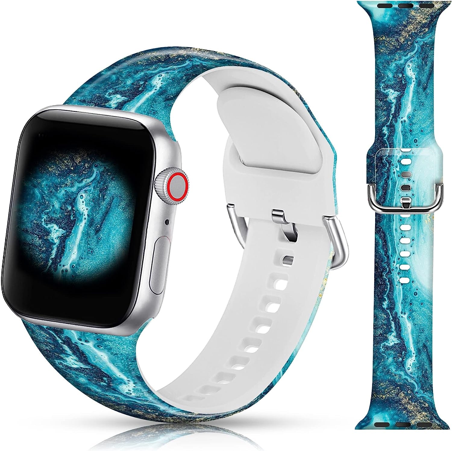 LAACO Silicone Sport Bands Compatible with Apple Watch 49Mm 45Mm 44Mm 42Mm 41Mm 40Mm 38Mm for Women Men Girls, Floral Design Replacment Strap for Iwatch SE Utral/Series 8/7/6/5/4/3/2/1  LAACO Blue Marble 38mm/40mm/41mm 