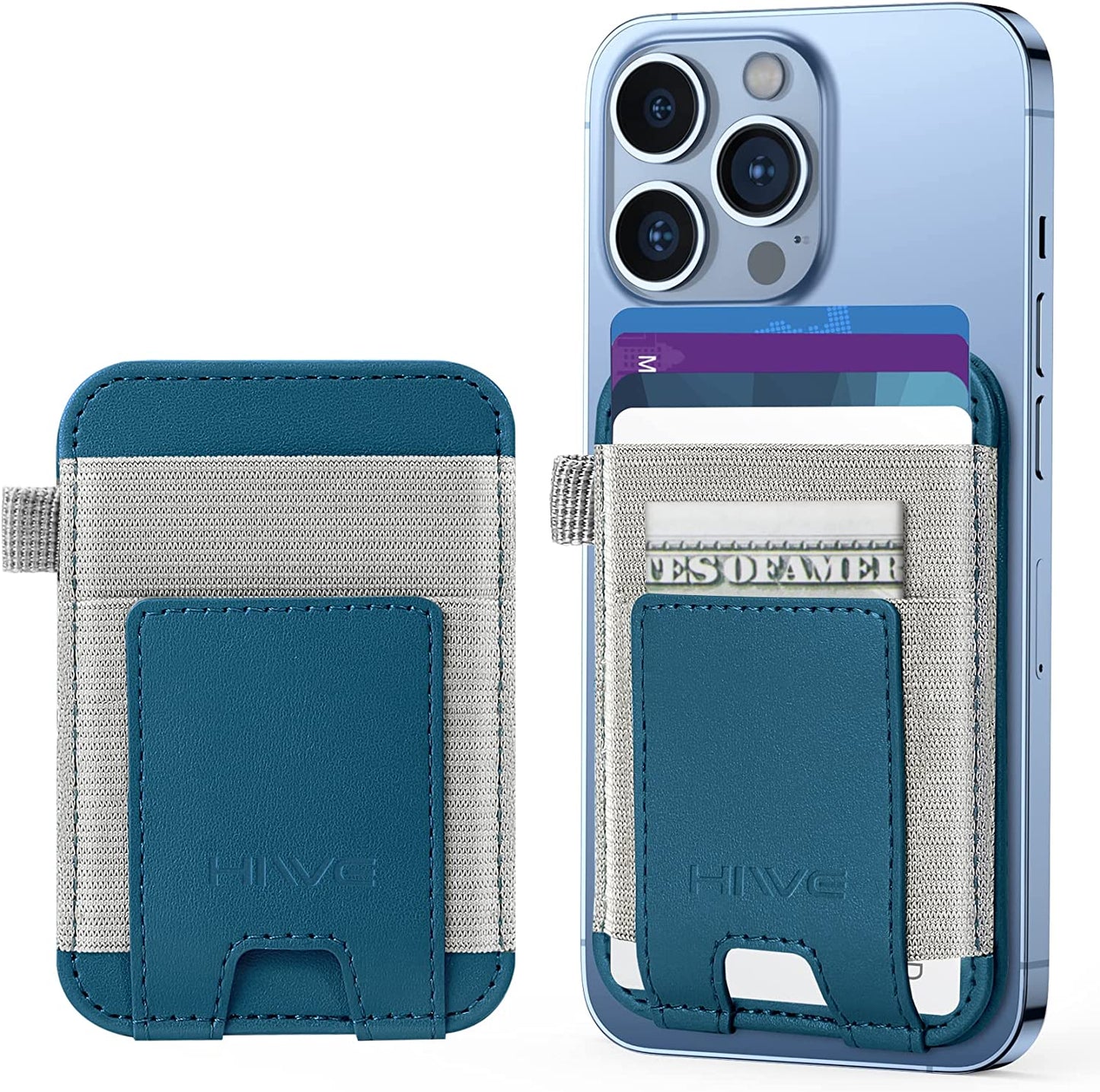 Magnetic Card Wallet Holder for Apple Magsafe, Magnetic Card Holder Magsafe Compatible with Iphone 12 Iphone 13/14 Magsafe Wallet, Mag Safe Leather Wallet for Back of Iphone 14/13/ 12 Series, Black  HiWe E-Blue  