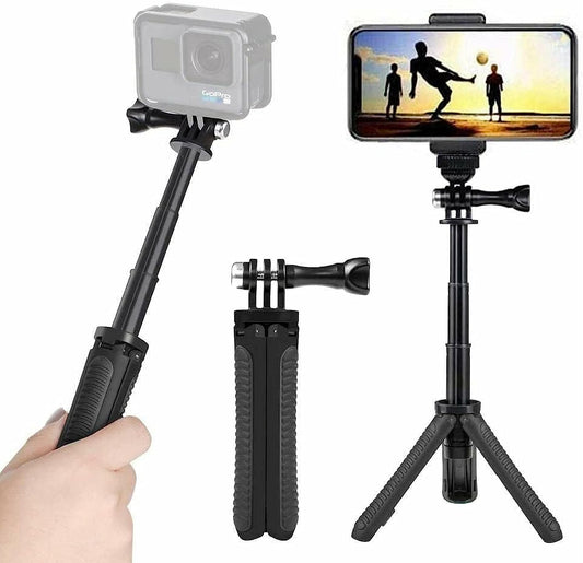 Mini Selfie Stick Tripod Kit 2-In-1, Compatible with Hero 9/8/ 7/6/MAX/OSMO/ACTION Action Cameras and Smartphones, 1/4 Inch Screw Fixed, with 3-Level Telescopic Function Tripod（Black）  DADE FAC   