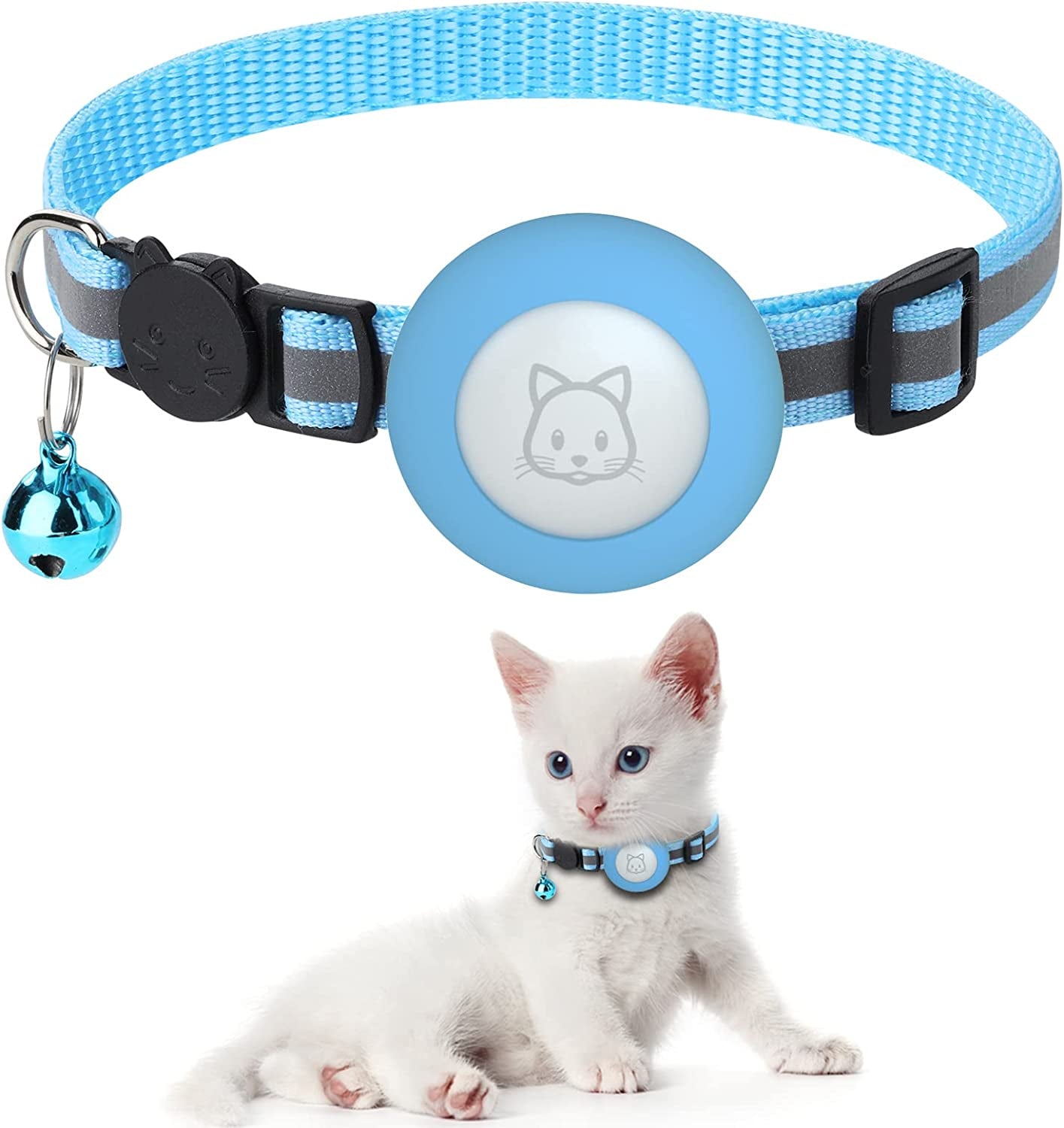Airtag Cat Collar with Breakaway Bell, Reflective Paw Pattern Strap with Air Tag Case for Cat Kitten and Extra Small Dog (Pink Reflective Paw)  Kuaguozhe US Blue  