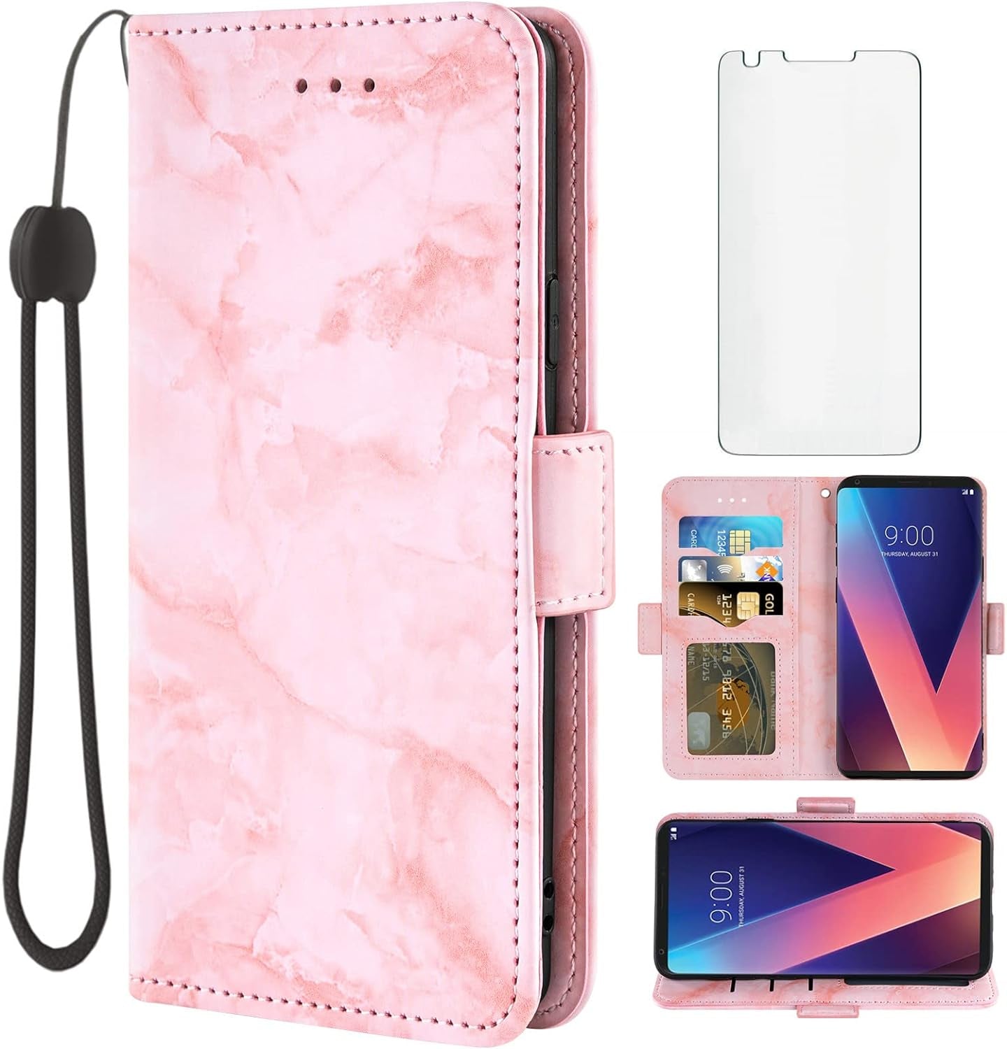 Asuwish Compatible with LG V35 Thinq V30 plus Case and Tempered Glass Screen Protector Cell Card Holder Slot Kickstand Marble Wallet Phone Cover for LGV30 LGV35 LG30 LG35 V 30 35 V30+ V30S H931 Pink  Asuwish   