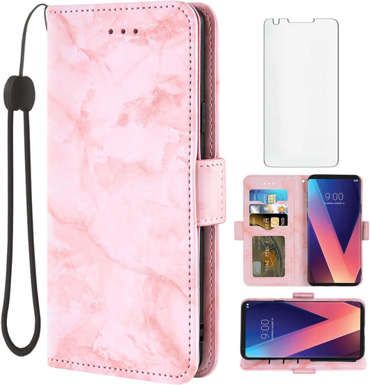 Asuwish Compatible with LG V35 Thinq V30 plus Case and Tempered Glass Screen Protector Cell Card Holder Slot Kickstand Marble Wallet Phone Cover for LGV30 LGV35 LG30 LG35 V 30 35 V30+ V30S H931 Pink  Asuwish   